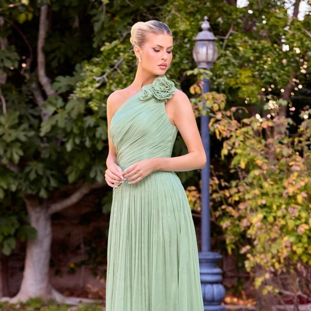 New Summer Sage One Shoulder Long Chiffon Pleated A-Line Bridesmaid CD415
